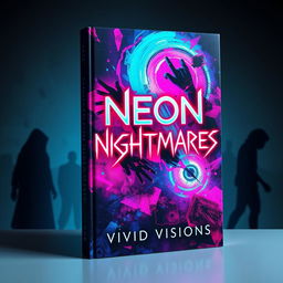 A surreal and captivating book cover for 'Neon Nightmares' by Vivid Visions, showcasing an abstract and colorful imagery that embodies psychological horror