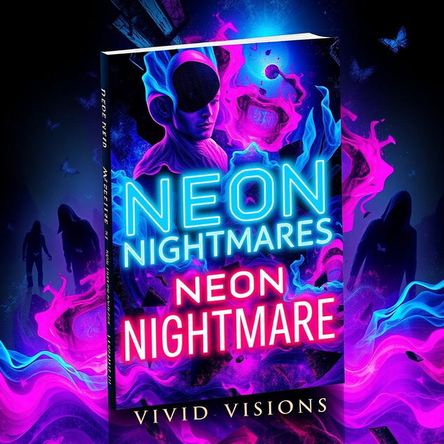 A surreal and captivating book cover for 'Neon Nightmares' by Vivid Visions, showcasing an abstract and colorful imagery that embodies psychological horror