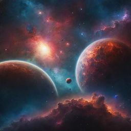 An atmospheric matte painting depicting an expansive universe; filled with nebulae, distant galaxies, unknown planets, and an intricate celestial body in vibrant colors.