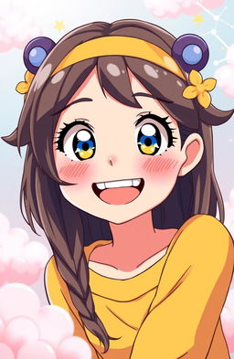 A friendly girl with a sweet smile and distinctive buck teeth, embodying the traits of the Gemini zodiac sign