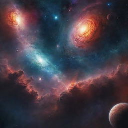 An atmospheric matte painting depicting an expansive universe; filled with nebulae, distant galaxies, unknown planets, and an intricate celestial body in vibrant colors.