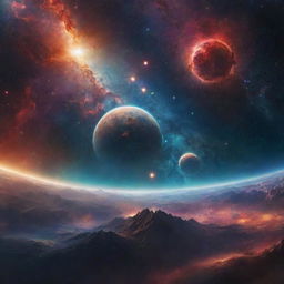 An atmospheric matte painting depicting an expansive universe; filled with nebulae, distant galaxies, unknown planets, and an intricate celestial body in vibrant colors.