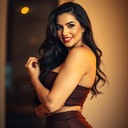 A hot and mature woman in an alluring pose, showcasing her voluptuous curves