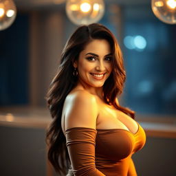 A hot and mature woman in an alluring pose, showcasing her voluptuous curves