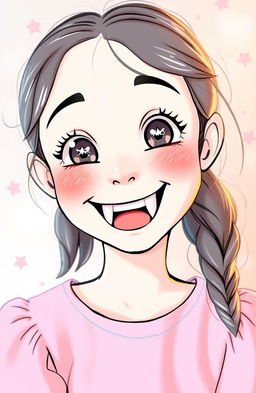 A friendly girl with a sweet smile showcasing her distinctive fang-like teeth, embodying the characteristics of a Gemini zodiac sign