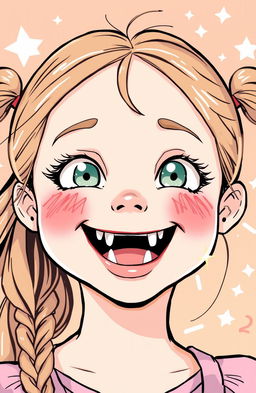 A friendly girl with a sweet smile showcasing her distinctive fang-like teeth, embodying the characteristics of a Gemini zodiac sign