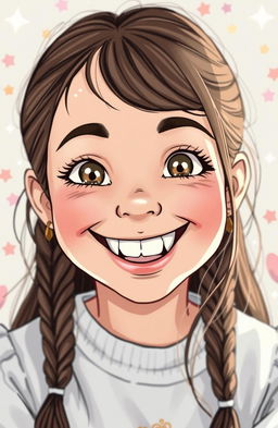 A friendly girl with a sweet smile showcasing her distinctive fang-like teeth, embodying the characteristics of a Gemini zodiac sign