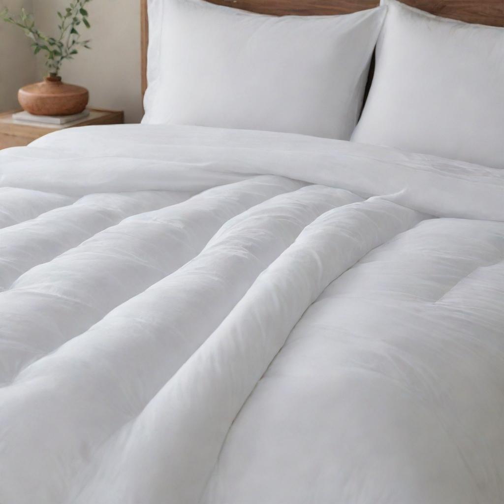 A pristine white bed comforter laying perfectly on a bed, its fluffy texture inviting comfort and warmth.