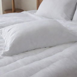 A pristine white bed comforter laying perfectly on a bed, its fluffy texture inviting comfort and warmth.