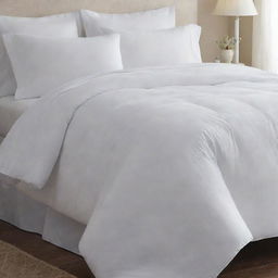 A pristine white bed comforter laying perfectly on a bed, its fluffy texture inviting comfort and warmth.