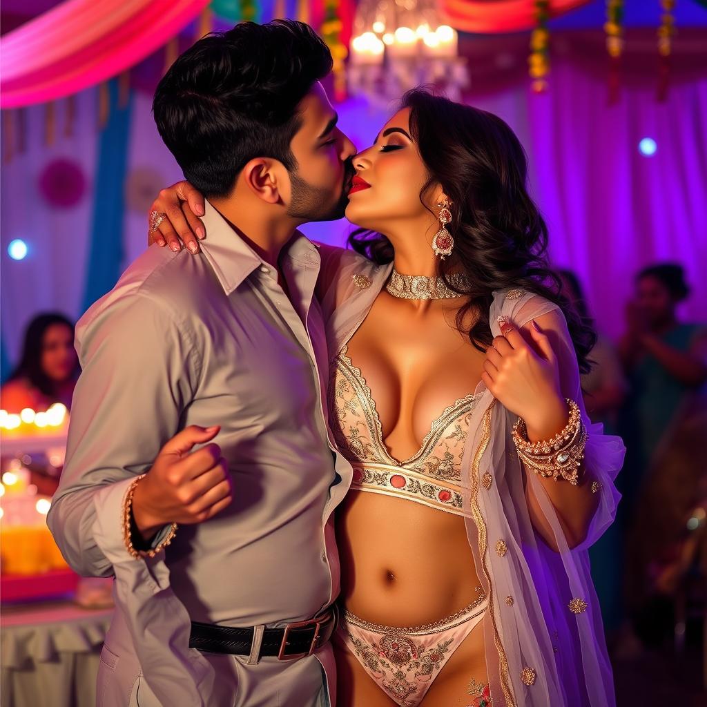 A sensual scene depicting a stunning Pakistani bride in a bikini bottom at a vibrant wedding