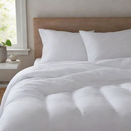 A pristine white bed comforter laying perfectly on a bed, its fluffy texture inviting comfort and warmth.