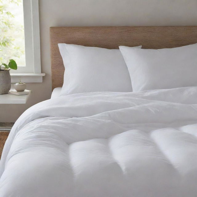 A pristine white bed comforter laying perfectly on a bed, its fluffy texture inviting comfort and warmth.