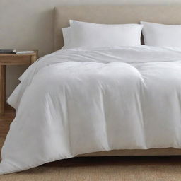 A thin white bed comforter, light in weight but still cozy, perfectly draped over a bed.