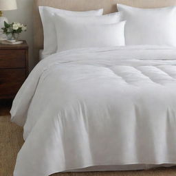 A thin white bed comforter, light in weight but still cozy, perfectly draped over a bed.