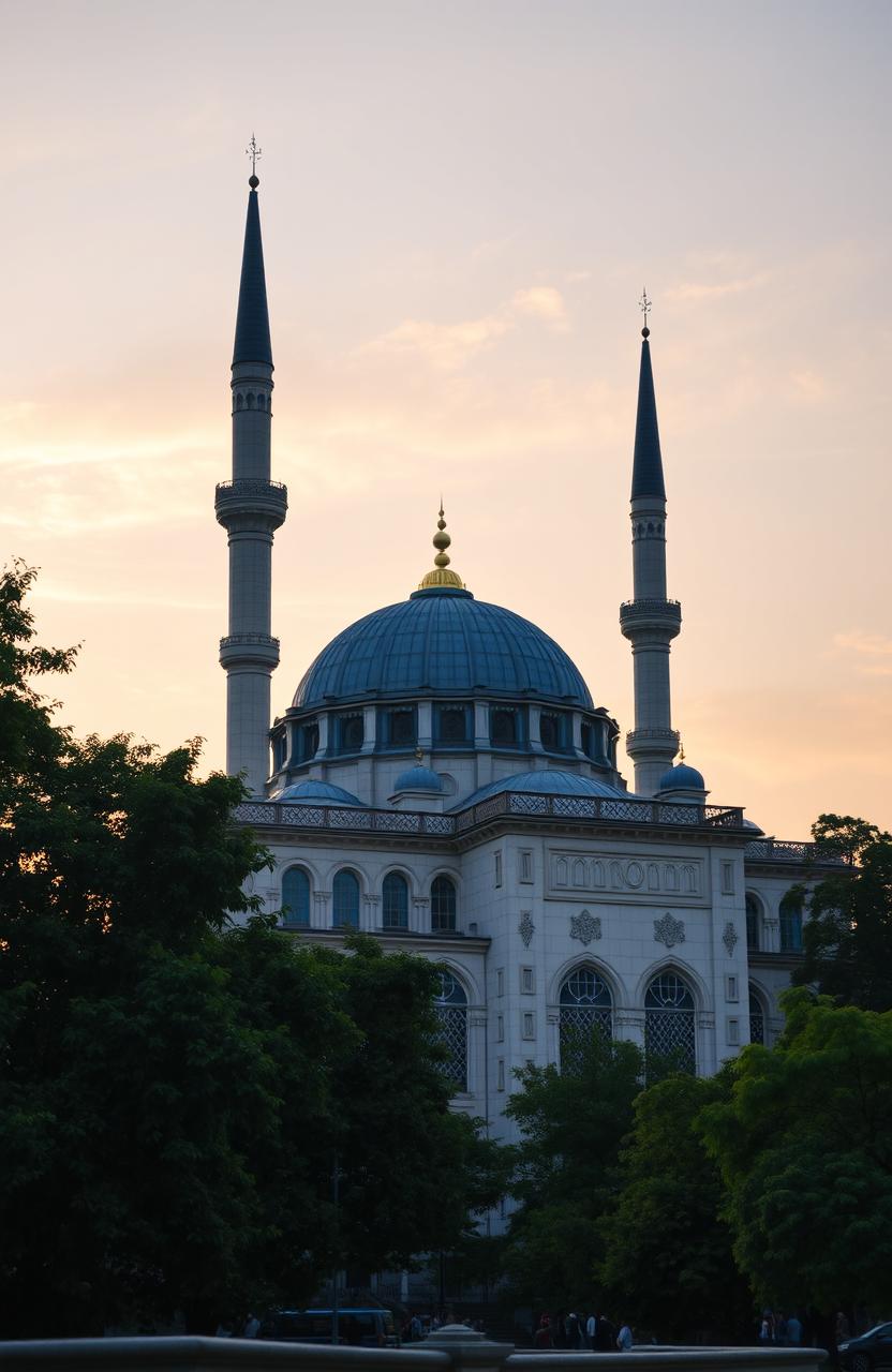 An elegant mosque with a beautifully designed dome and tall minarets, surrounded by lush greenery