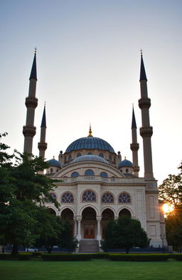 An elegant mosque with a beautifully designed dome and tall minarets, surrounded by lush greenery