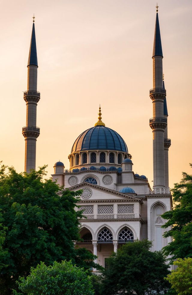 An elegant mosque with a beautifully designed dome and tall minarets, surrounded by lush greenery