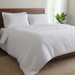 A thin white bed comforter, light in weight but still cozy, perfectly draped over a bed.