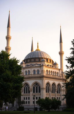 An elegant mosque with a beautifully designed dome and tall minarets, surrounded by lush greenery