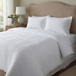 An ultra-thin white bed comforter, barely adding any bulk but greatly enhancing the look of the bed.