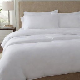 An ultra-thin white bed comforter, barely adding any bulk but greatly enhancing the look of the bed.