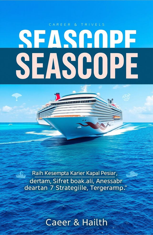 An appealing ebook cover design for 'Seascope' featuring a vibrant cruise ship sailing in a stunning tropical landscape