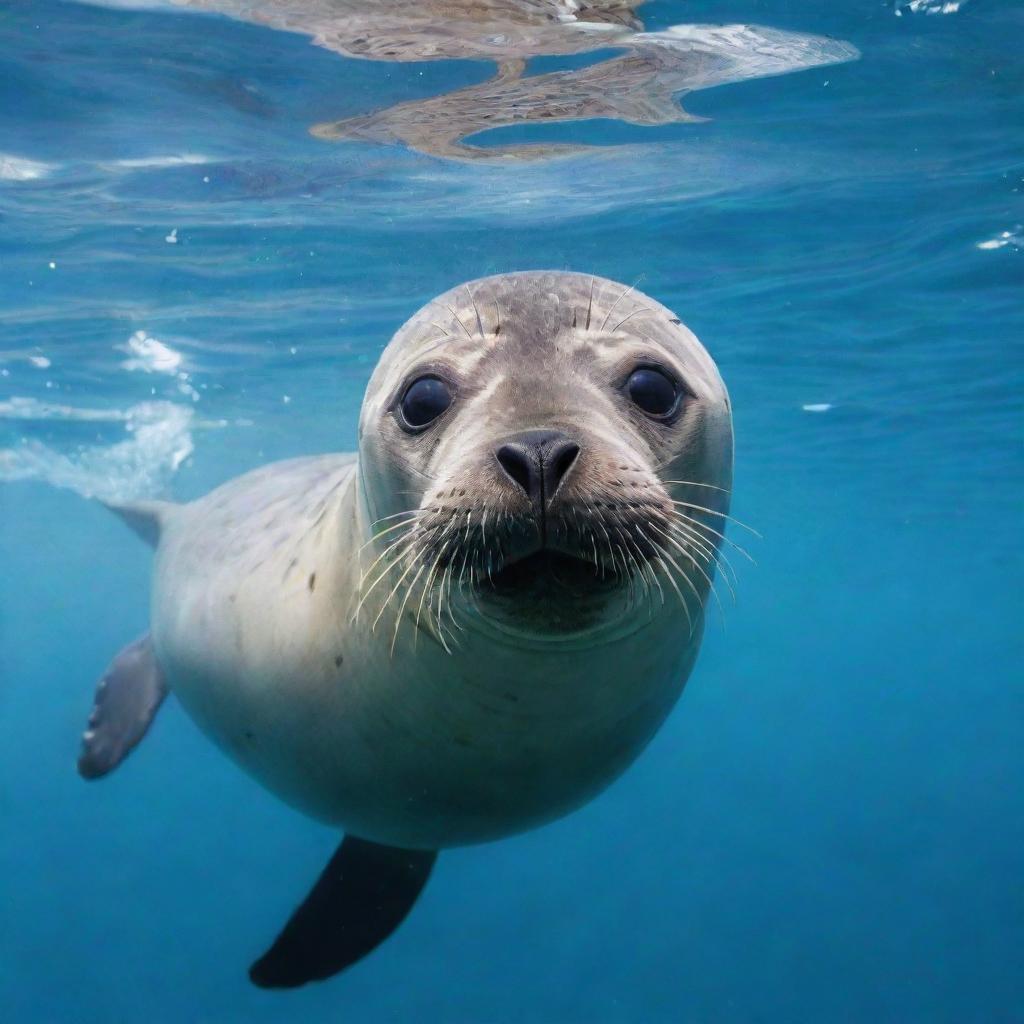 A seal in a playful panic, its eyes wide and fur bristling, swimming hastily against a crystal-clear blue sea background.