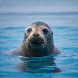 A seal in a playful panic, its eyes wide and fur bristling, swimming hastily against a crystal-clear blue sea background.