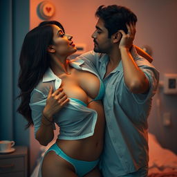 A sensual scene featuring Nushrat Bharucha as a sexy nurse, wearing a bikini bottom and exuding confidence