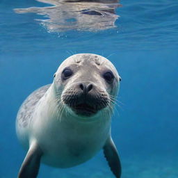 A seal in a playful panic, its eyes wide and fur bristling, swimming hastily against a crystal-clear blue sea background.