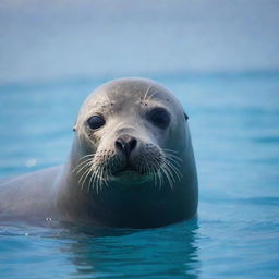 A seal in a playful panic, its eyes wide and fur bristling, swimming hastily against a crystal-clear blue sea background.