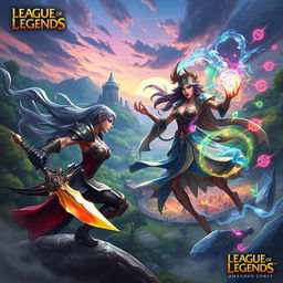 An epic battle scene inspired by 'League of Legends', showcasing two iconic champions clashing in a vibrant Summoner's Rift environment