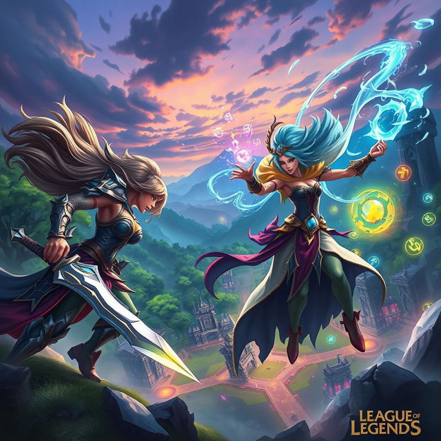 An epic battle scene inspired by 'League of Legends', showcasing two iconic champions clashing in a vibrant Summoner's Rift environment