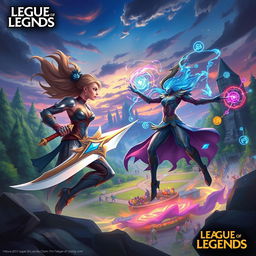 An epic battle scene inspired by 'League of Legends', showcasing two iconic champions clashing in a vibrant Summoner's Rift environment