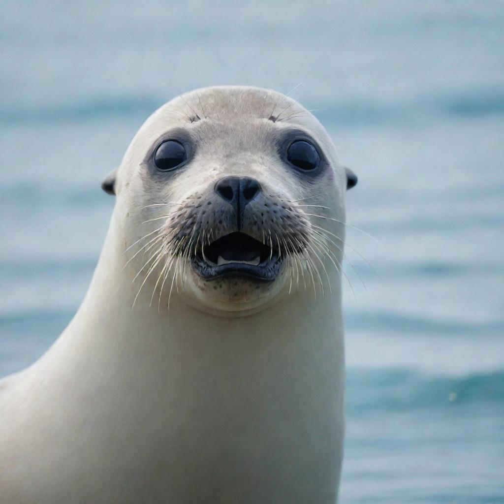 A seal with wide, surprised eyes, and a slightly agape mouth as if taken aback by something, against the backdrop of a sparkling sea.