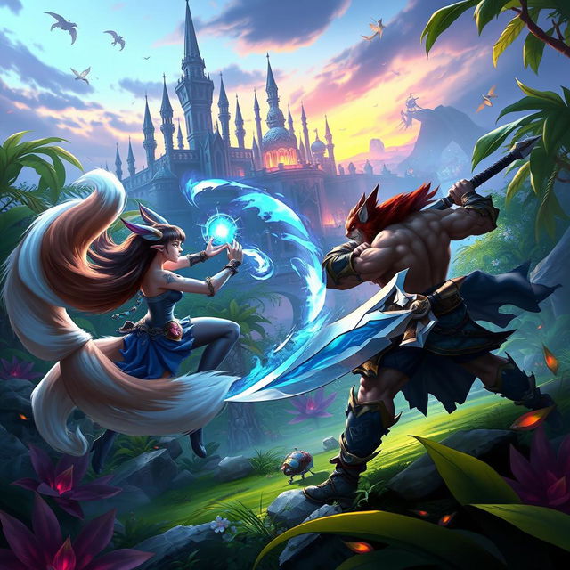 A stunning fantasy battle scene from League of Legends, featuring a vibrant jungle arena with exotic plants and mystical creatures