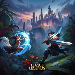 A stunning fantasy battle scene from League of Legends, featuring a vibrant jungle arena with exotic plants and mystical creatures