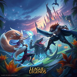 A stunning fantasy battle scene from League of Legends, featuring a vibrant jungle arena with exotic plants and mystical creatures