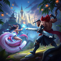 A stunning fantasy battle scene from League of Legends, featuring a vibrant jungle arena with exotic plants and mystical creatures