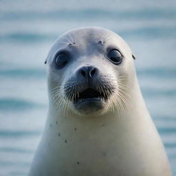 A seal with wide, surprised eyes, and a slightly agape mouth as if taken aback by something, against the backdrop of a sparkling sea.