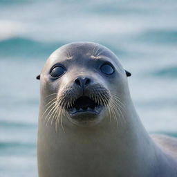 A seal with wide, surprised eyes, and a slightly agape mouth as if taken aback by something, against the backdrop of a sparkling sea.