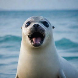 A seal with wide, surprised eyes, and a slightly agape mouth as if taken aback by something, against the backdrop of a sparkling sea.