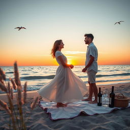 A romantic scene set in a picturesque sunset at a beach