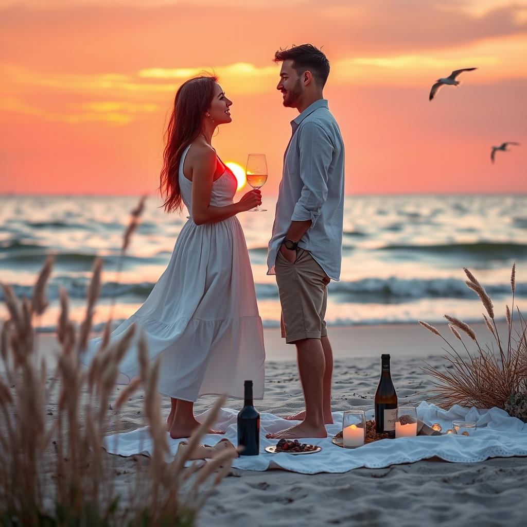 A romantic scene set in a picturesque sunset at a beach