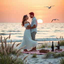 A romantic scene set in a picturesque sunset at a beach