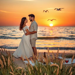 A romantic scene set in a picturesque sunset at a beach