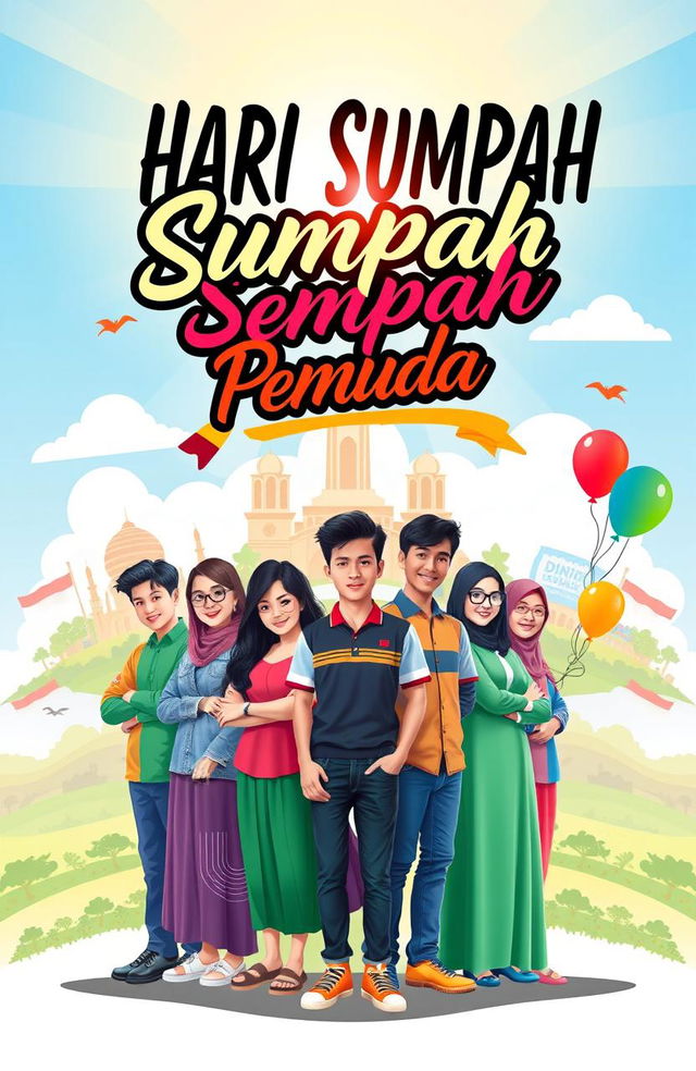 A vibrant and dynamic graphic design celebrating the 'Hari Sumpah Pemuda', featuring a diverse group of young people of various ethnic backgrounds standing together with expressions of determination and unity