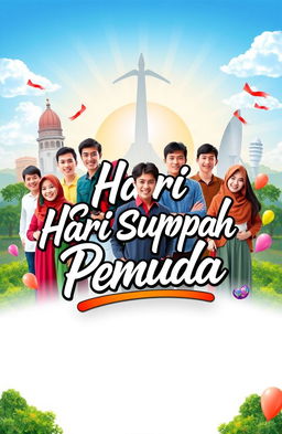 A vibrant and dynamic graphic design celebrating the 'Hari Sumpah Pemuda', featuring a diverse group of young people of various ethnic backgrounds standing together with expressions of determination and unity
