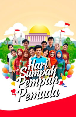 A vibrant and dynamic graphic design celebrating the 'Hari Sumpah Pemuda', featuring a diverse group of young people of various ethnic backgrounds standing together with expressions of determination and unity